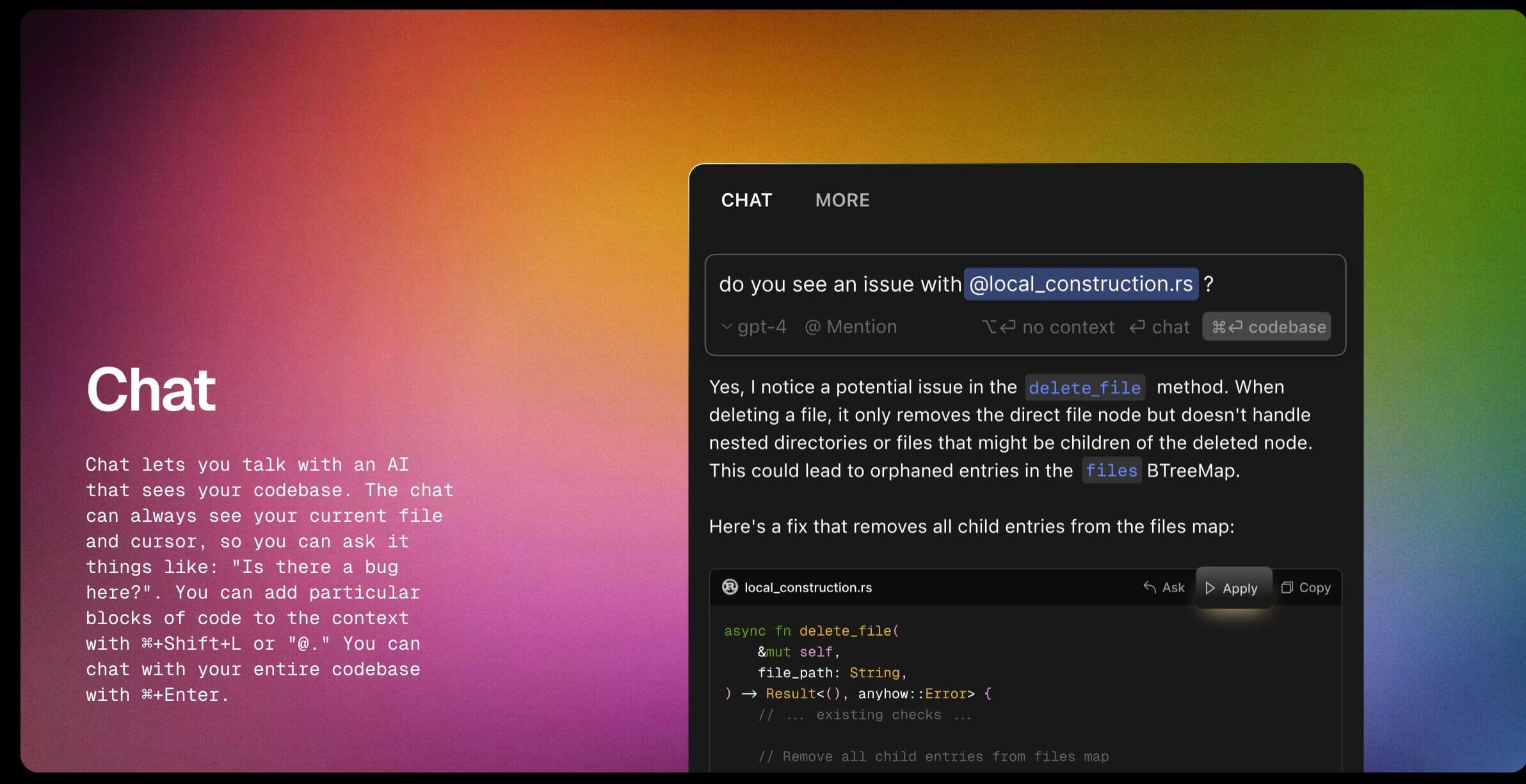 Screenshot of Cursor website mentioning how to include specific files in a chat context