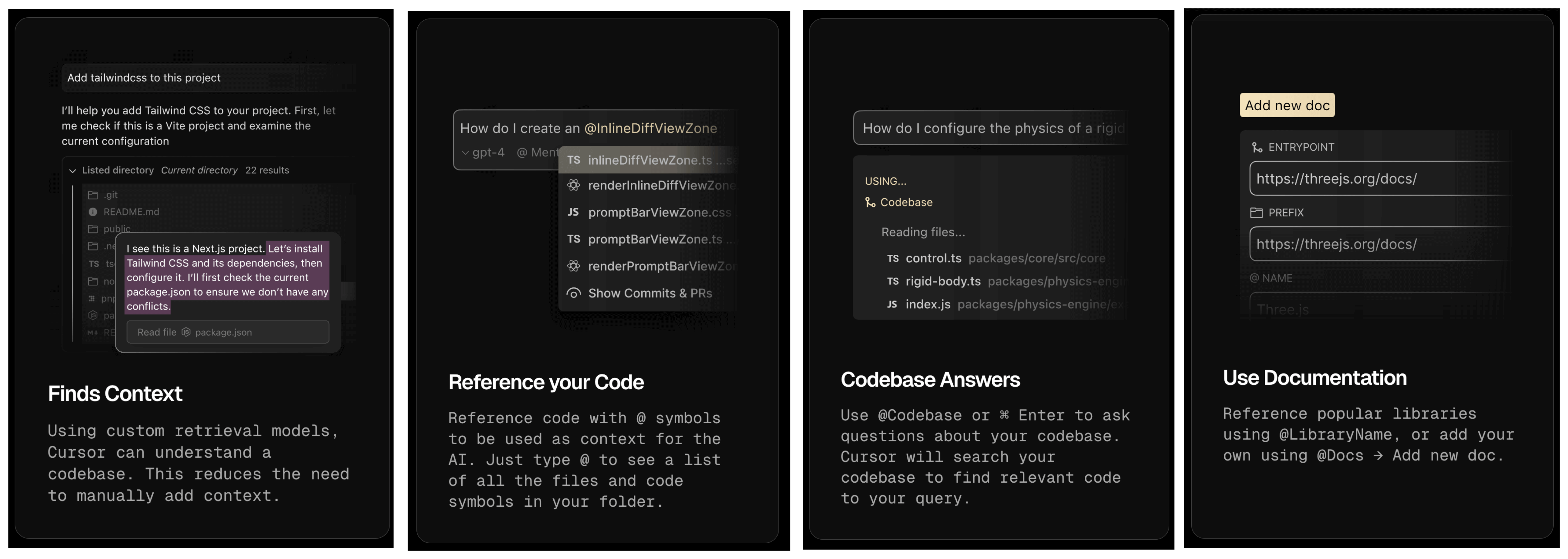 More screenshots of Cursor website mentioning how to deal with context