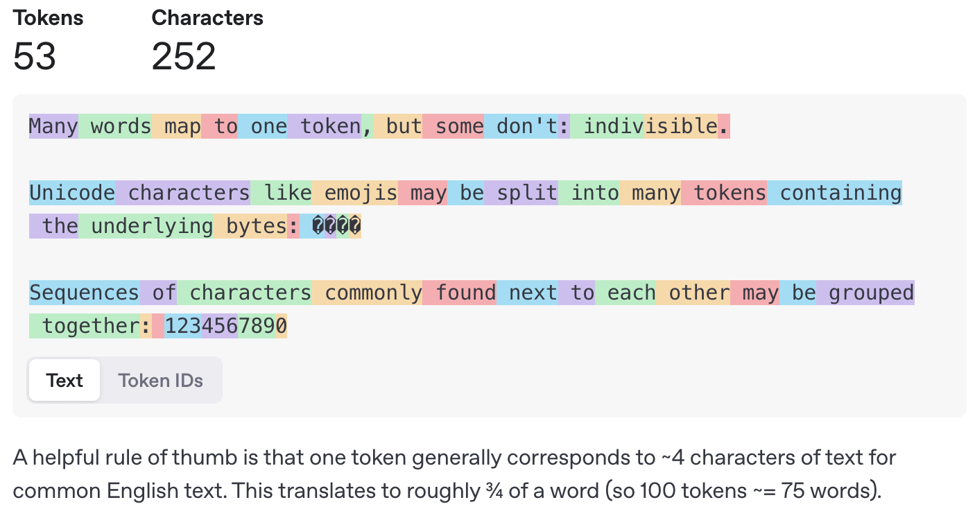Token visualizer showing how text is split into 53 tokens with 252 characters, using color to distinguish token boundaries.